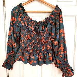 NWT Kori peasant milkmaid boho smocked blouse size large teal floral print